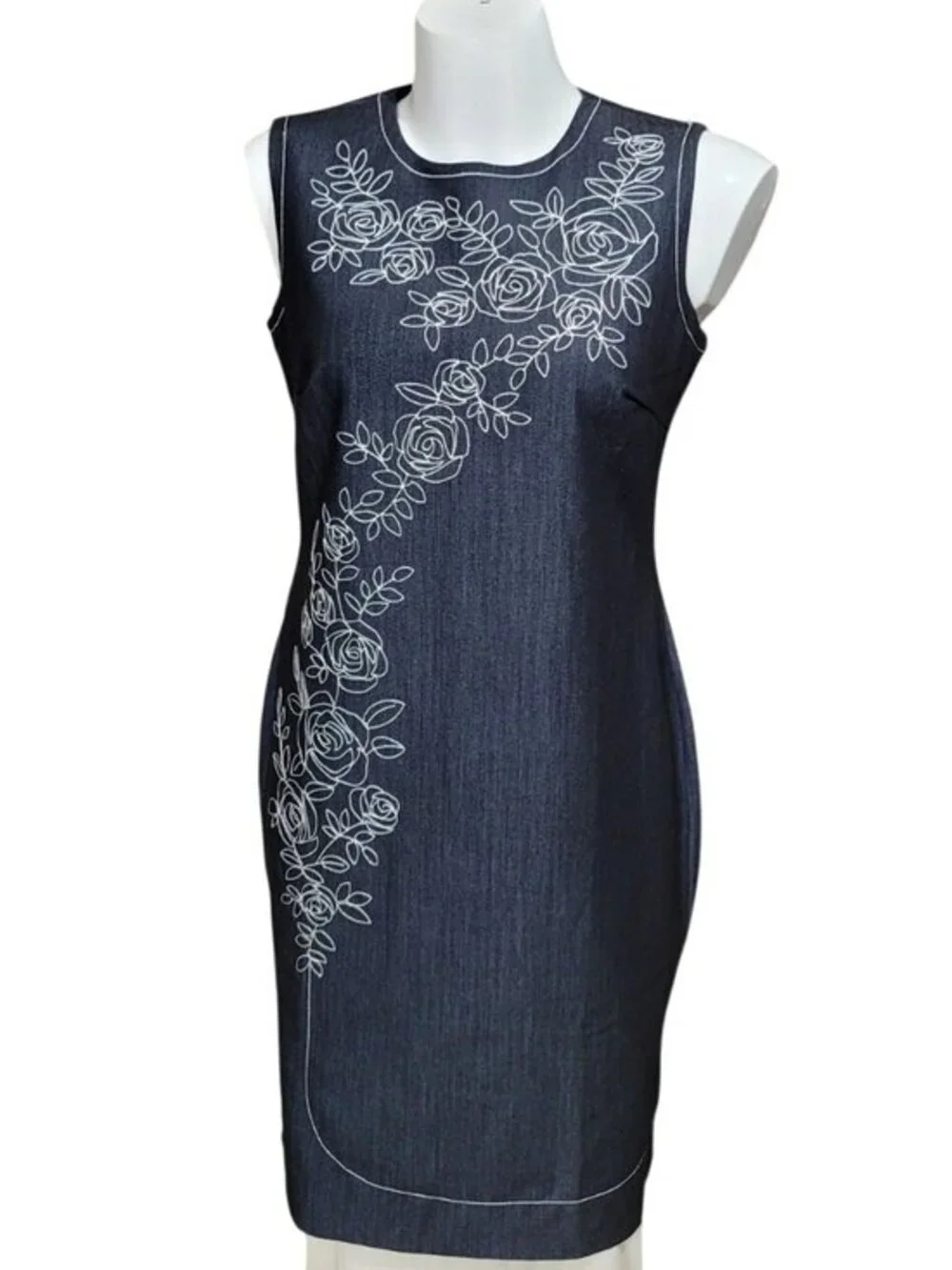 Sleeveless Navy Blue Denim Sheath Dress With White Floral Embroidery Back Zip Cl